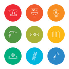outline stroke screw, ladder, gas pipe, nail, gas pipe, drill, light bulb, paint brush, anvil, vector line icons set on rounded colorful shapes