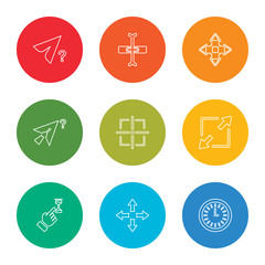 outline stroke busy, move, pointer, resize, target, cursor, move, typing, cursor, vector line icons set on rounded colorful shapes