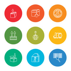 outline stroke barcode, warehouse, package, delivery truck, pin, side up, 24 hours, package, package, vector line icons set on rounded colorful shapes