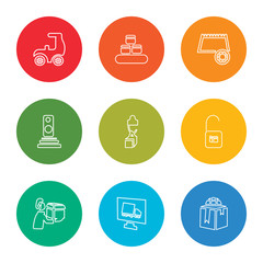 outline stroke package, delivery, package, package, smartphone, calendar, pallet, scooter, vector line icons set on rounded colorful shapes