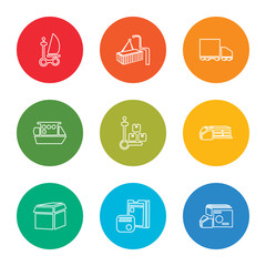 outline stroke delivery truck, logistics, barcode, delivery truck, trolley, shipping, delivery truck, container, forklift, vector line icons set on rounded colorful shapes