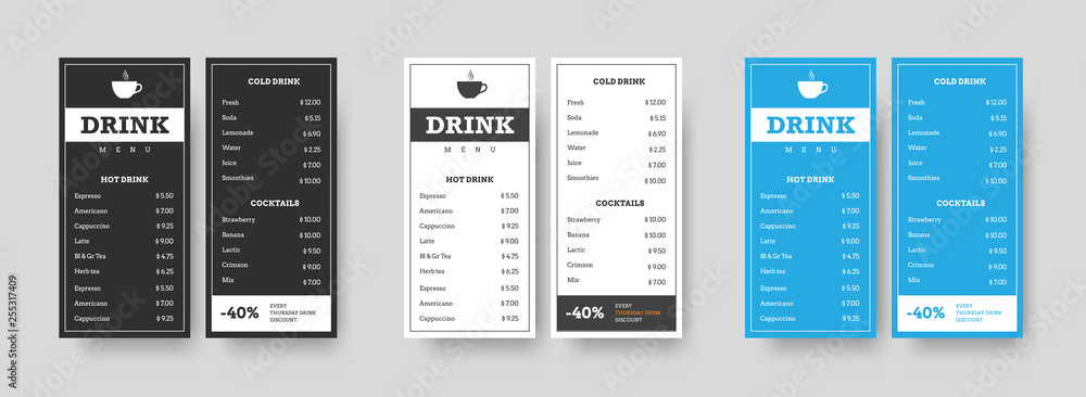 Poster vector set of vertical dl menu black, white and blue for drinks.