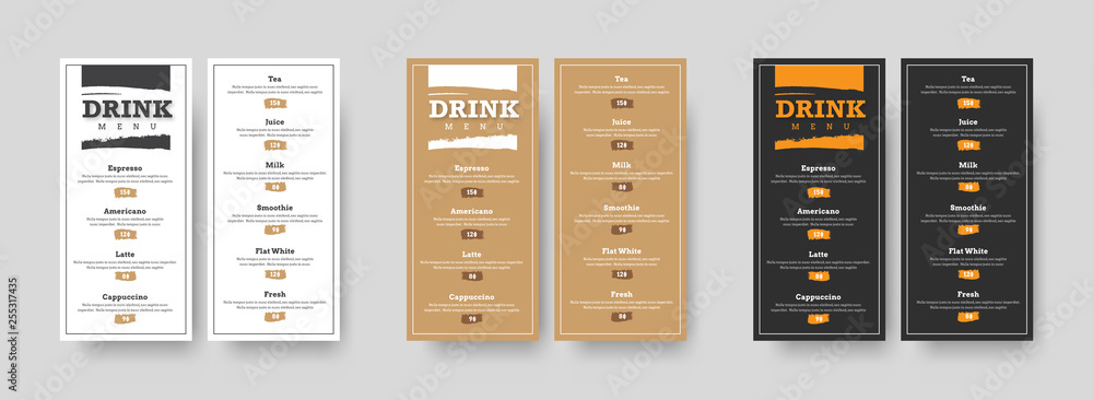 Aufkleber DL vertical vector menu design with grunge texture dice for headers and prices.