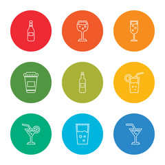 outline stroke glass, glass, glass, wine bottle, paper cup, champagne, vector line icons set on rounded colorful shapes