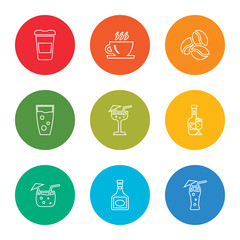 outline stroke bloody mary, armagnac, malibu, brandy, margarita, cocktail, coffee bean, coffee cup, coffee cup, vector line icons set on rounded colorful shapes