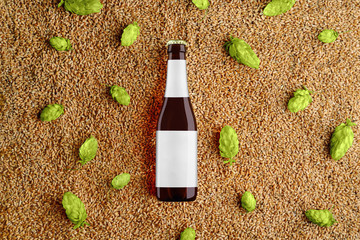 Brown beer glass bottlle template on wheat and single hop cones with label.