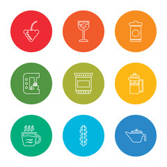outline stroke coffee pot, coffee bean, espresso, french press, coffee bag, drip, bag, glass with wine, bunch of grapes, vector line icons set on rounded colorful shapes