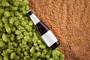 Brown beer mockup with diagonal placement bottlle on  background  with wheat grains and hops.