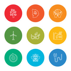 Fototapeta premium outline stroke plug, ecological energy source, reload, eco factory, bio energy, wind mill, save the earth, global awareness, tree, vector line icons set on rounded colorful shapes
