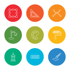 outline stroke paint brush, chalk, glue, paint roller, paint palette, desk lamp, curve, triangle ruler, transform box, vector line icons set on rounded colorful shapes