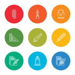 outline stroke paper and feather, paint tube, paper and pencil, pencil, marker, ruler, paint can, compass, paper clip, vector line icons set on rounded colorful shapes