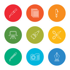 outline stroke pen tool, photo camera, eyedropper, scissors, paint brush, art board, pen, paper, eyedropper, vector line icons set on rounded colorful shapes