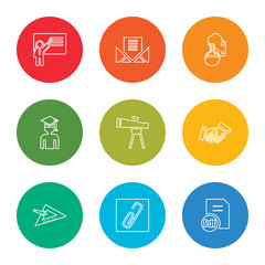 outline stroke pdf document, paperclip, set square, shake hands, telescope, graduating, full test tube, open email, teach, vector line icons set on rounded colorful shapes
