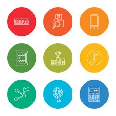 outline stroke small calculator, school globe, halfway, musical note, podium, abacus, cellphone, searching files, numbers, vector line icons set on rounded colorful shapes