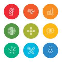 outline stroke medium, cutter, scheme, web, drone, radar,  , no wifi, charging, vector line icons set on rounded colorful shapes