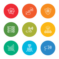 outline stroke megaphone, lan, no, cloud, wifi router, data, security, file transfer, network, vector line icons set on rounded colorful shapes