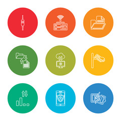 outline stroke broken, privacy, low, cctv, cloud computing, file transfer, files and folders, router, audio jack, vector line icons set on rounded colorful shapes
