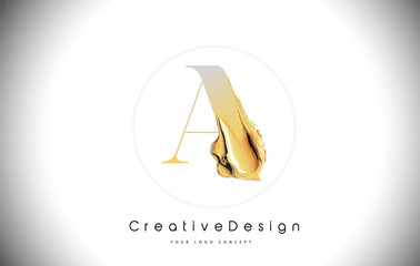 A Golden Letter Design Brush Paint Stroke. Gold Yellow a Letter Logo Icon with Artistic Paintbrush