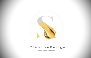 S Golden Letter Design Brush Paint Stroke. Gold Yellow s Letter Logo Icon with Artistic Paintbrush