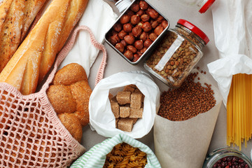 Zero waste home style - Biological food in zero waste containers, net sacks, cotton bags and glass jars, eco friendly, plastic ban