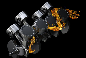 3d illustration of car engine with lubricant oil on repairing. Concept of lubricate motor oil