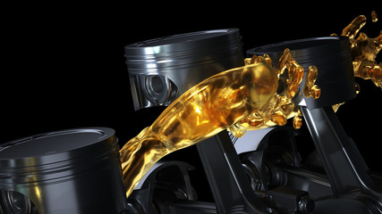 3d illustration of car engine with lubricant oil on repairing. Concept of lubricate motor oil