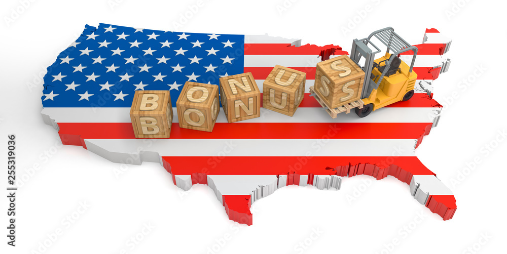 Poster bonus wooden block text of usa flag map. 3d rendering