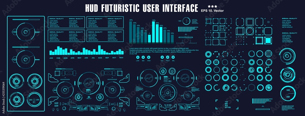 Poster dashboard blue display virtual reality technology screen. hud futuristic user interface, target