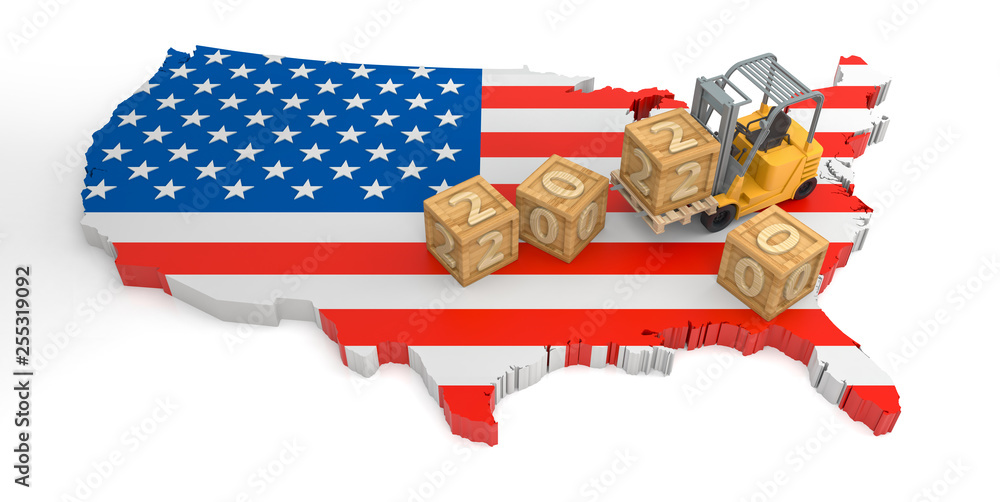 Aufkleber 2020 wooden block text of usa flag map. 3d rendering