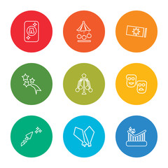 outline stroke roller coaster, kite, fireworks, theatre, ferris wheel, fireworks, ticket, carousel, ace of spades, vector line icons set on rounded colorful shapes