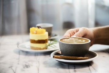 People serve beautiful fresh relax morning coffee cup set - people with coffee set background concept