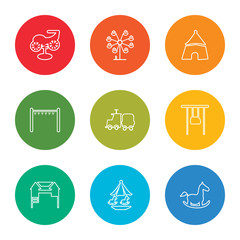 outline stroke childhood, amusement park, playground, childhood, childhood, playground, amusement park, amusement park, vector line icons set on rounded colorful shapes