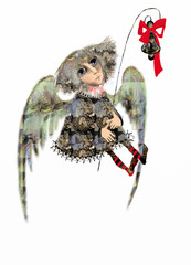 cute little angel with wings holding a little bell with a red ribbon, illustration over a white background