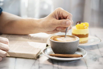 People serve beautiful fresh relax morning coffee cup set - people with coffee set background concept