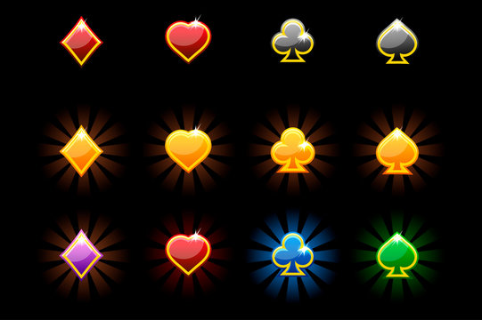 Vector Playing Card Symbols, glossy icons of playing cards on black background.