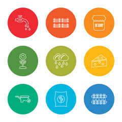 outline stroke fence, radish, wheelbarrow, cheese, rain, flower, honey, basket, faucet, vector line icons set on rounded colorful shapes