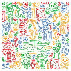 Vector set of pirates children's drawings icons in doodle style. Painted, colorful, pictures on a piece of paper on white background.