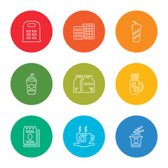 Fototapeta premium outline stroke noodles, tea, snack, coffee cup, take away, frappe, beverage, biscuit, take away, vector line icons set on rounded colorful shapes