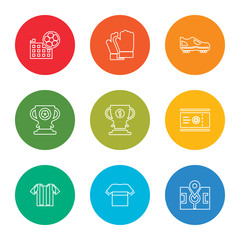 Fototapeta premium outline stroke point, tshirt, referee, ticket, cup, cup, boots, glove, calendar, vector line icons set on rounded colorful shapes