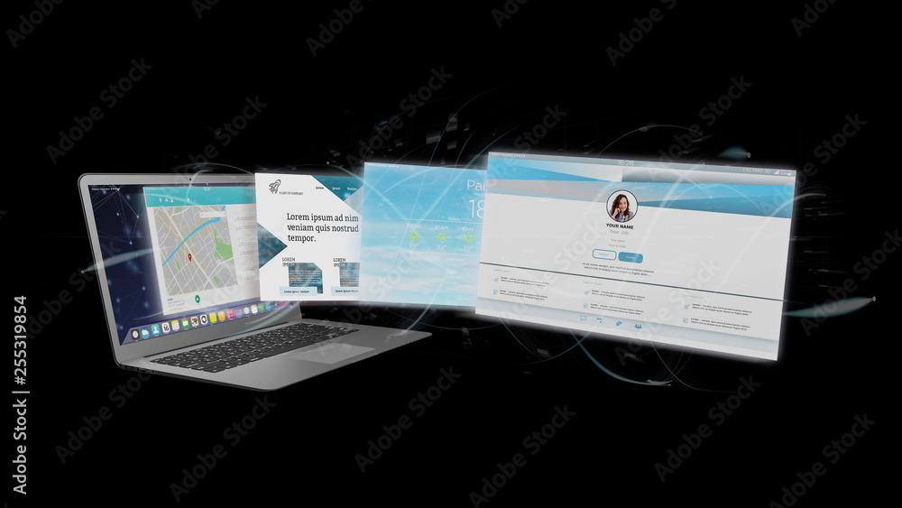 Aufkleber website application going out a laptop screen 3d rendering