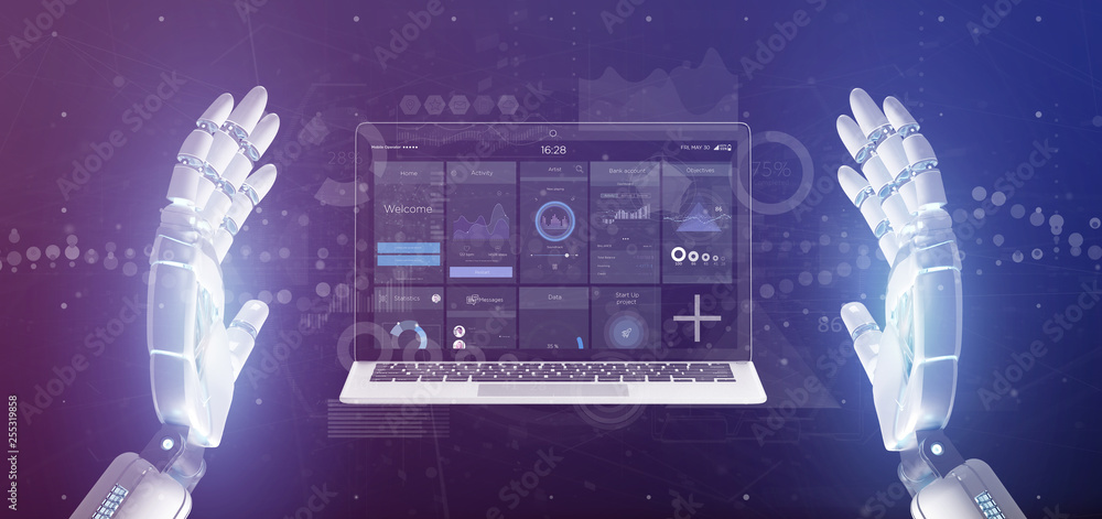 Aufkleber cyborg hand holding laptop with business user interface data on the screen isolated on a background