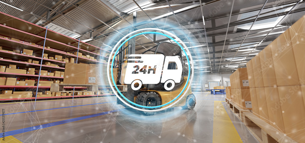 Poster fast delivery system concept on a warehouse background 3d rendering