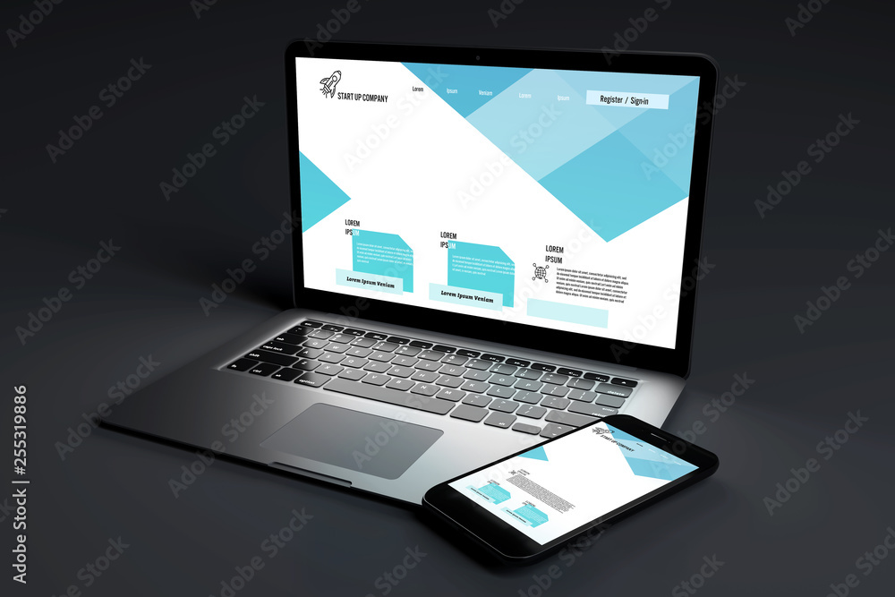 Poster mock up of devices on a dark background - 3d rendering