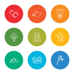 Fototapeta premium outline stroke badminton, workout, mountain, multitool, backpack, hang glider, medal, yoga mat, boxing gloves, vector line icons set on rounded colorful shapes