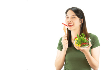 Happy lady holding kichen stuff over copy space background - people home made food preparation concept