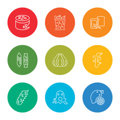 outline stroke lemon, squid, pickle, ginger, garlic, salami, toast, groceries, cheese, vector line icons set on rounded colorful shapes