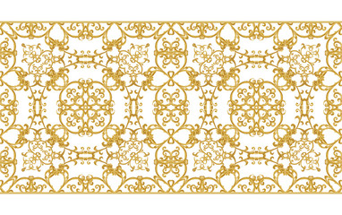 Seamless pattern. Golden textured curls. Oriental style arabesques. Brilliant lace, stylized flowers. Openwork weaving delicate, golden background.
