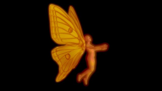 Fairy with wings . 3d  render . Wing pattern : Graellsia Isabellae Spanish Moon Moth   ,Yellow , gold . Full body glow