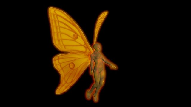 Fairy with wings . 3d  render . Wing pattern : Graellsia Isabellae Spanish Moon Moth   ,Yellow , gold . Wings back