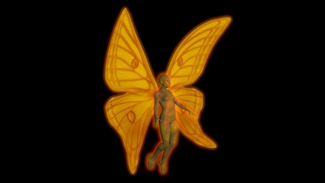 Fairy with wings . 3d  render . Wing pattern : Graellsia Isabellae Spanish Moon Moth   ,Yellow , gold . Wings forward